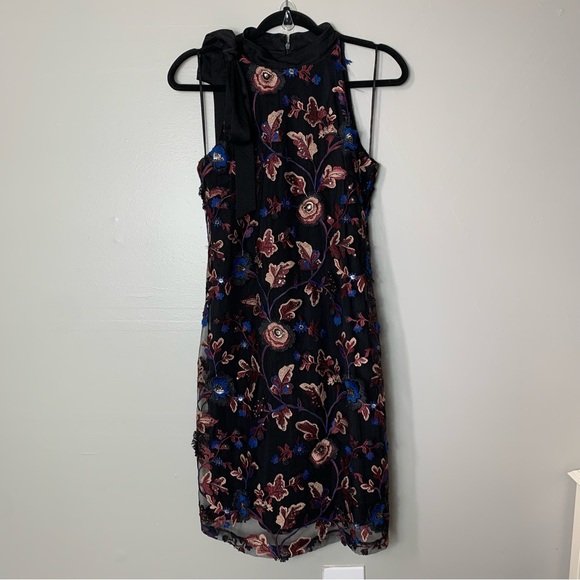 Sam Edelman | Tie Halter Neck Zipper Back Embroidered Floral Mesh Dress | Size 2 - Picture 2 of 10